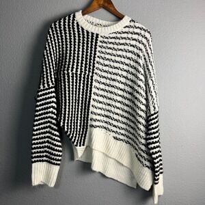 Elan Mara Asymmetrical Striped Color Block Pullover Sweater Knit Black White Lg‎